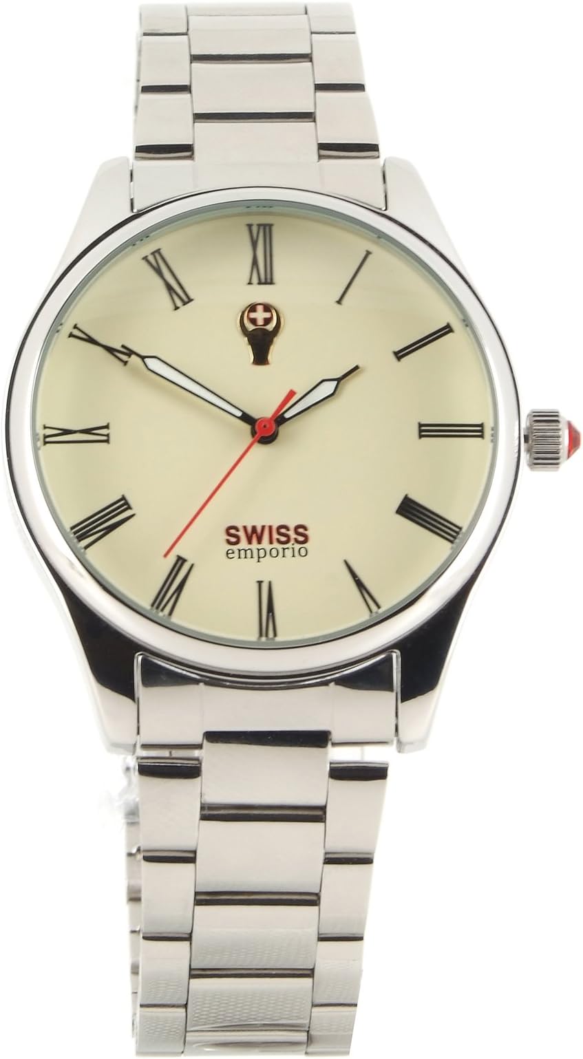 Men's Quartz Swiss Made Watch with Beige Dial Analogue Display and Silver Stainless Steel Bracelet SE02CRSL50