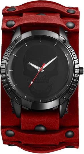 JewelryWe Men's Leather Cuff Watch - Punk Skull Analog Quartz Watches Hip Hop Gothic Steampunk Wide Leather Wristwatches for Father's Day