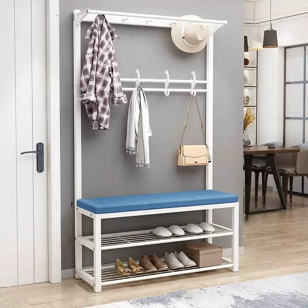 コートラックシューズベンチ、4つの吊りフックと靴ラックを備えた3-in-1玄関ホールツリー、安定したメタルフレームとストレージベンチ