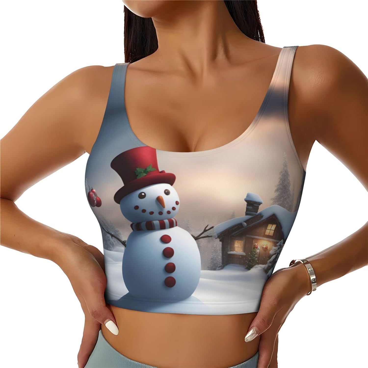 Christmas Snowman Print Sports Bra for Women,Padded,Racerback,Perfect for Yoga,Workout and Running