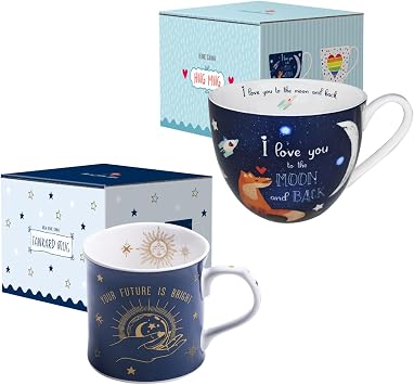 Valentines Day Couple Mug Gift,#34;Your Future is Bright" & "I Love You" Couple Mug Gift Set - 12 oz Ceramic Mug+20 oz Bone China Mug Set with Celestial and Heartfelt Designs, by Harvest Green Studio