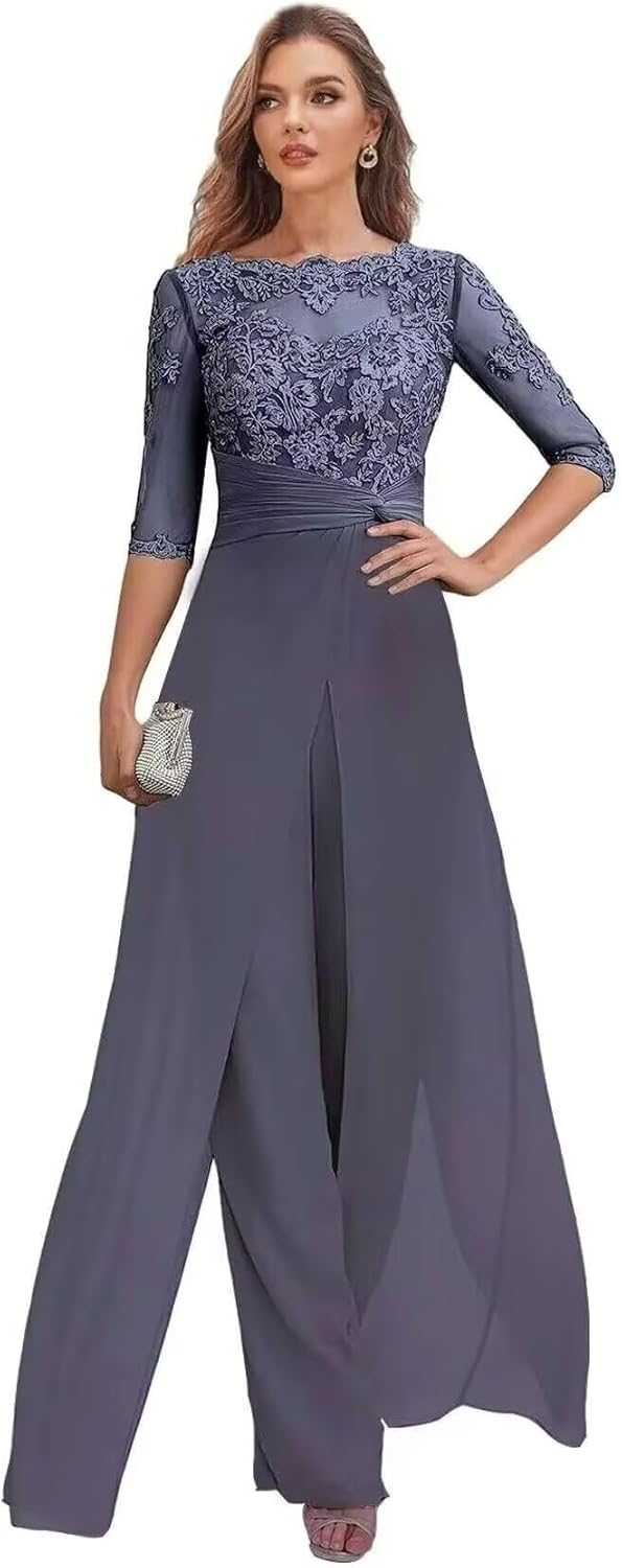 Lace Applique Mother of The Bride Pant Suits for Women Dressy 3/4 Sleeve Chiffon Formal Wedding Gust Outftis DP052