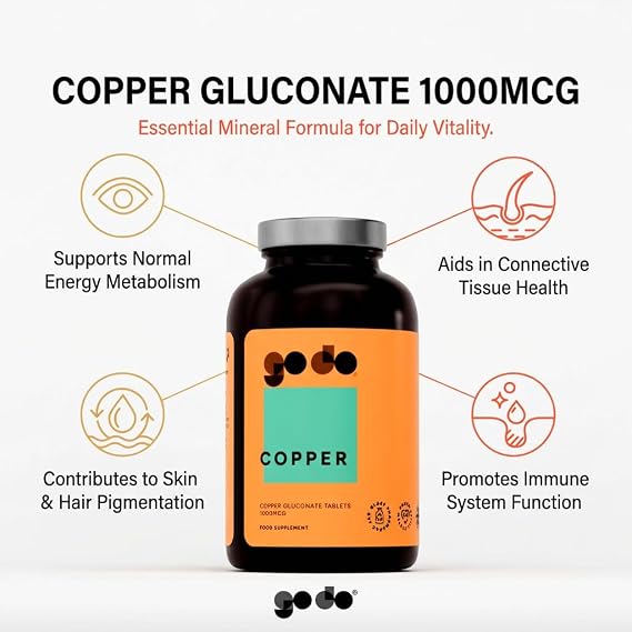 Copper 1000mcg - 360 Tablets - Nutritional Supplement - Vegans & Vegetarians - Healthy Lifestyle - Copper Supplement - Bioavailable - Essential Mineral Formula - Refillable Eco Jar - Godo