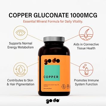 Copper 1000mcg - 360 Tablets - Nutritional Supplement - Vegans & Vegetarians - Healthy Lifestyle - Copper Supplement - Bioavailable - Essential Mineral Formula - Refillable Eco Jar - Godo