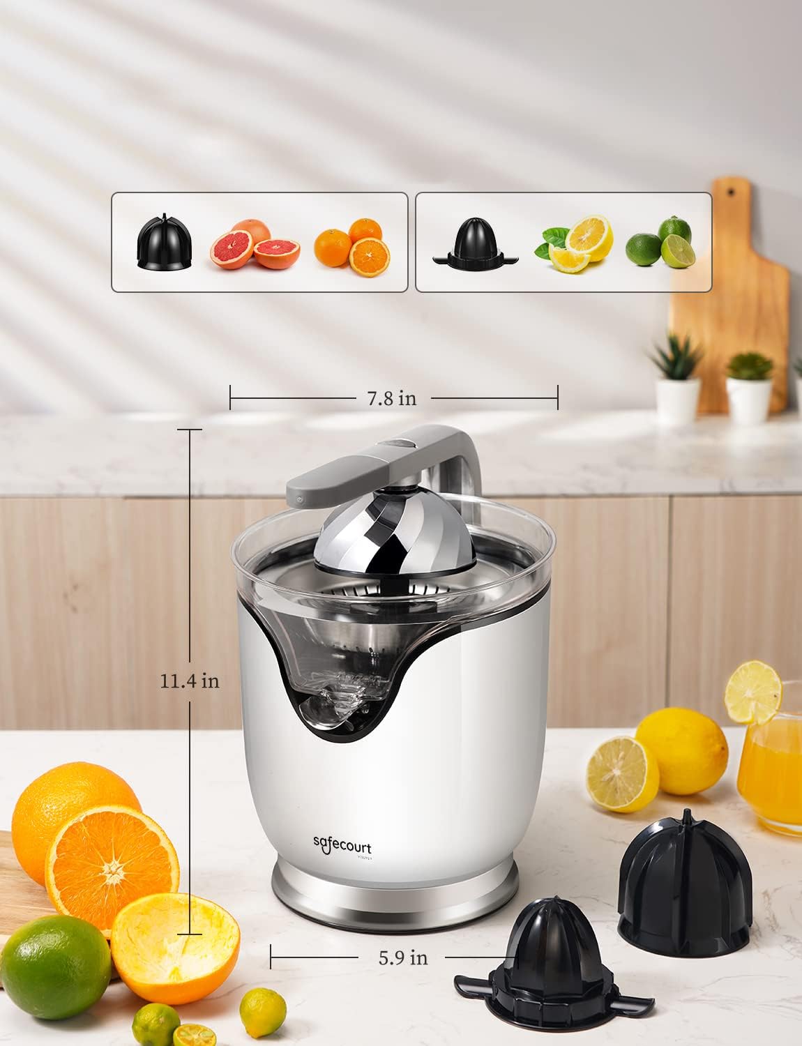 Dimensions of the Safecourt Kitchen Electric Citrus Juicer.