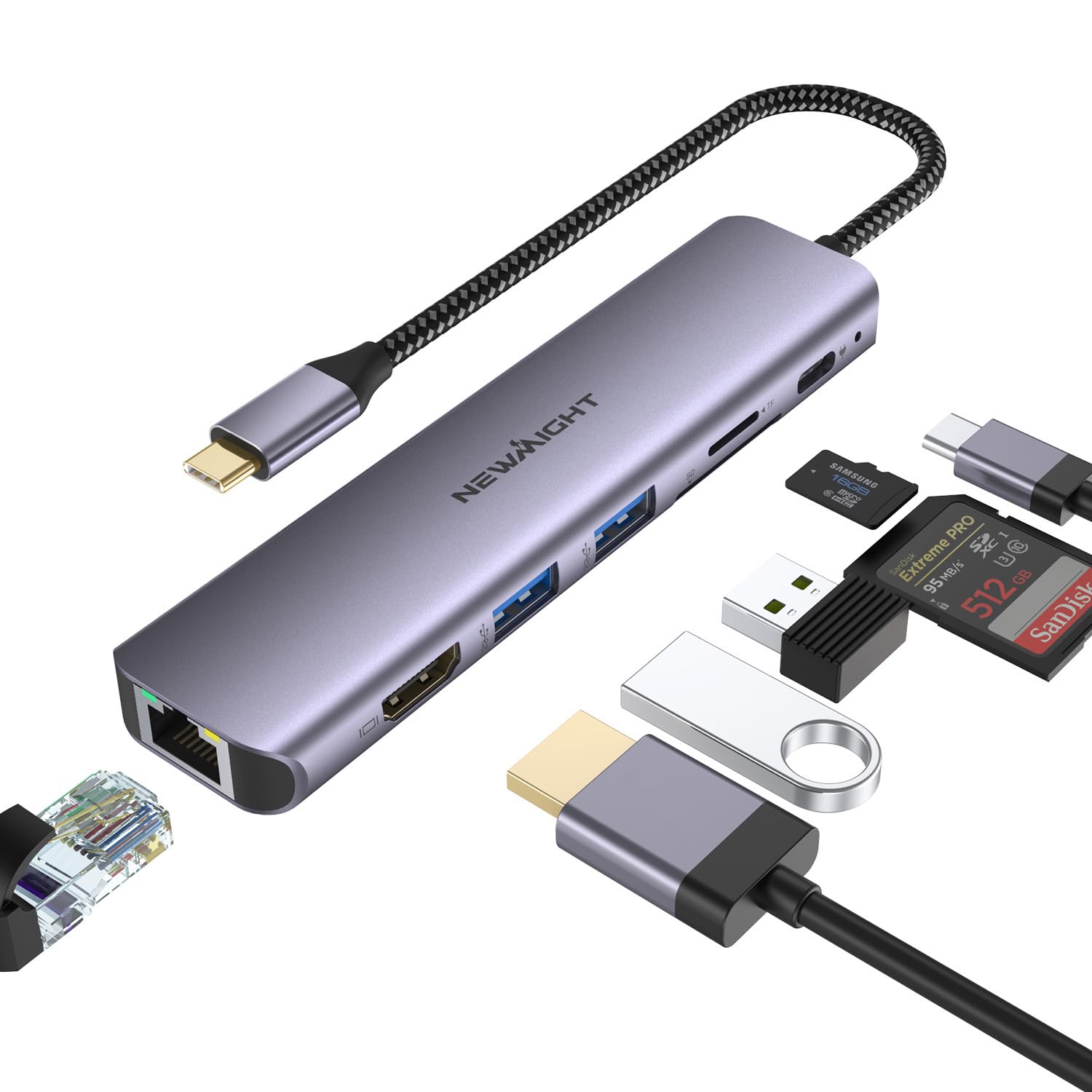 Newmight USB C Hub mit Ethernet,7 in 1 Typ C Adapter mit 4K HDIM, 2 USB 3.0, 1G Ethernet, 100W PD Port, SD/TF Kartenleser, für iPhone 15/MacBook/iPad/Dell/HP und Mehr