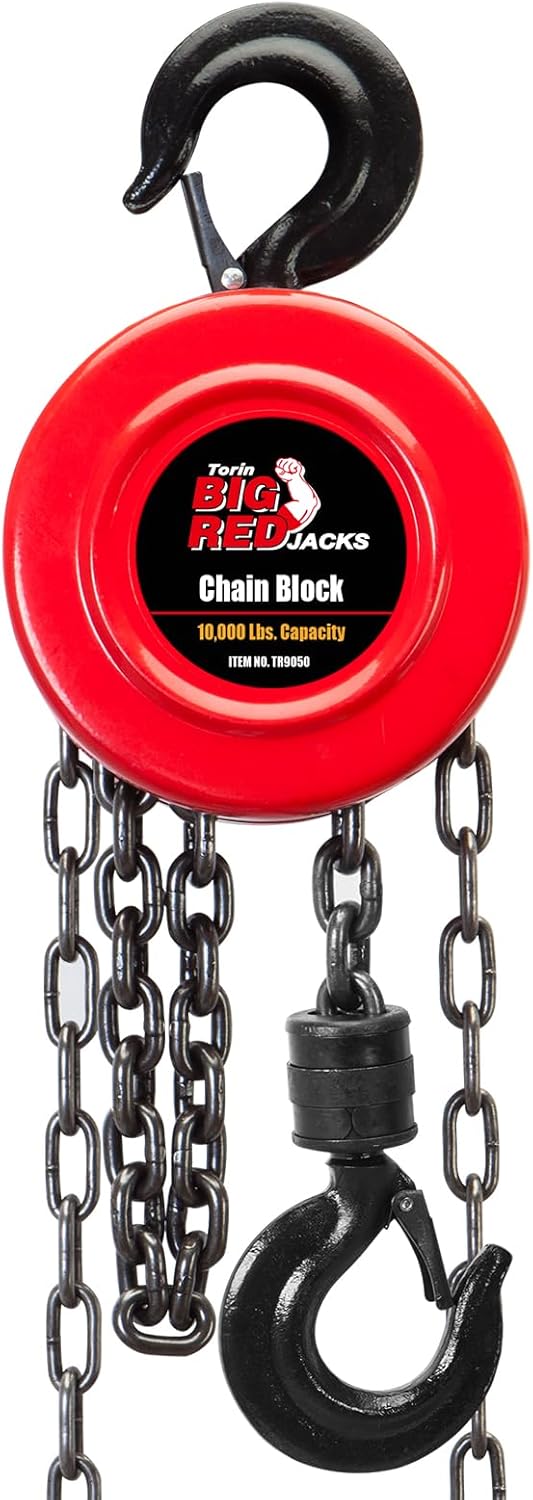 BIG RED TR9050 Torin Manual Hand Lift Steel Chain Block Hoist with 2 Hooks, 5 Ton (10,000 lb) Capacity, Red