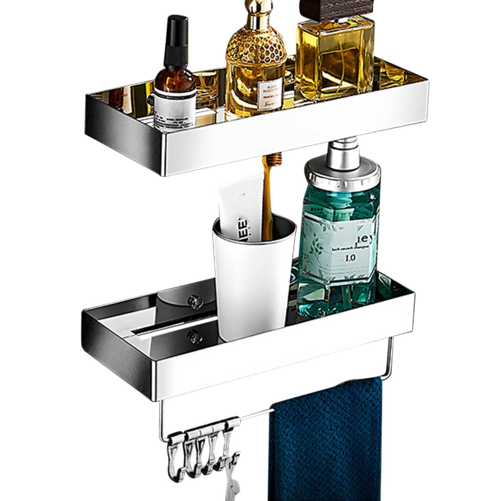 Mensole da Bagno Mensola da Bagno a Parete Senza Foratura Cremagliera da Doccia Adesivo in Acciaio Inossidabile Multifunzione per WC Balcone, Cromato, 2 Strati 30 cm