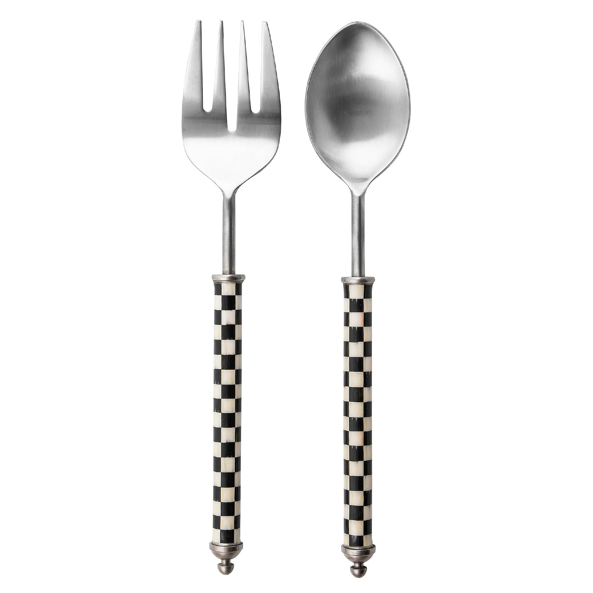 Supper Club Salad Serving Set, Fork and Spoon Salad Servers, Decorative Kitchen Serving Utensils, Black-and-White Courtly Check