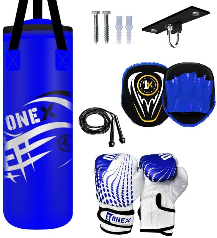 Kids *Punching bag* Gloves Boxing Bag Rucksack Mount Hook Set 2ft Set, Perfect for Junior/Children Workout (BLUE)
