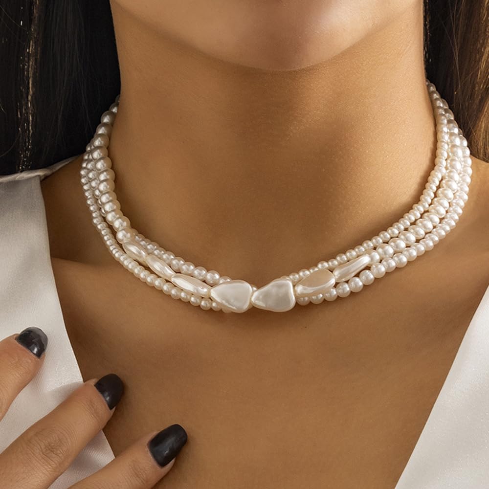 Octwine Boho Round Imitation Pearl Layered Choker Necklace Multi Strands Vintage Choker 1920s Bridal Wedding Christmas Vintage Shiny Necklace for Women (Silver 1) - Image 2