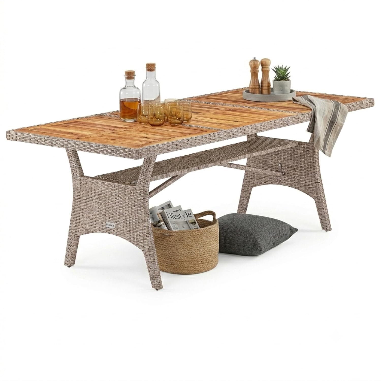 CASARIAยฎ Rattan Garden Table with Shelf & Acacia Wood Top | 190x90x74cm
