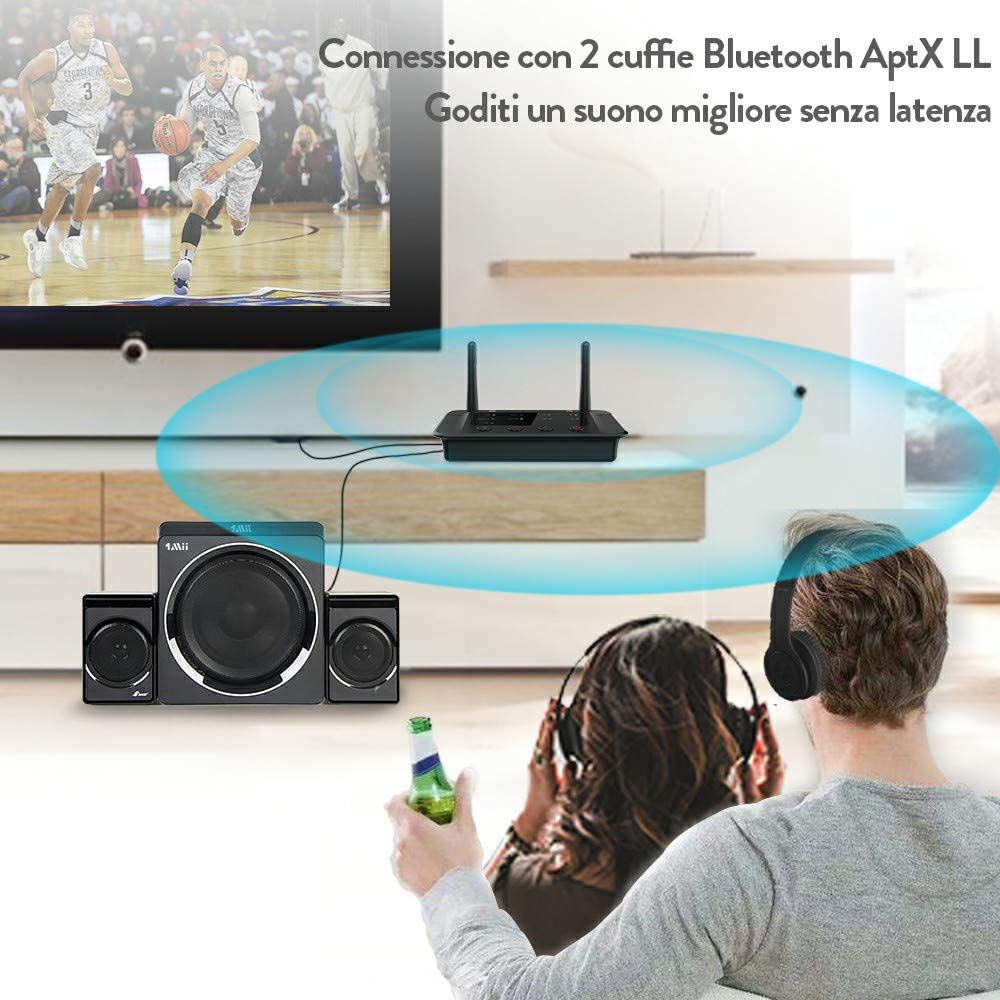1Mii Trasmettitore Bluetooth 5.3 per TV, Ricevitore Adattatore Audio HiFi aptX Bassa Latenza 3,5mm AUX/Ottico, Dual Link per 2 Cuffie BT, Soundbar, Impianto Stereo Lungo Raggio