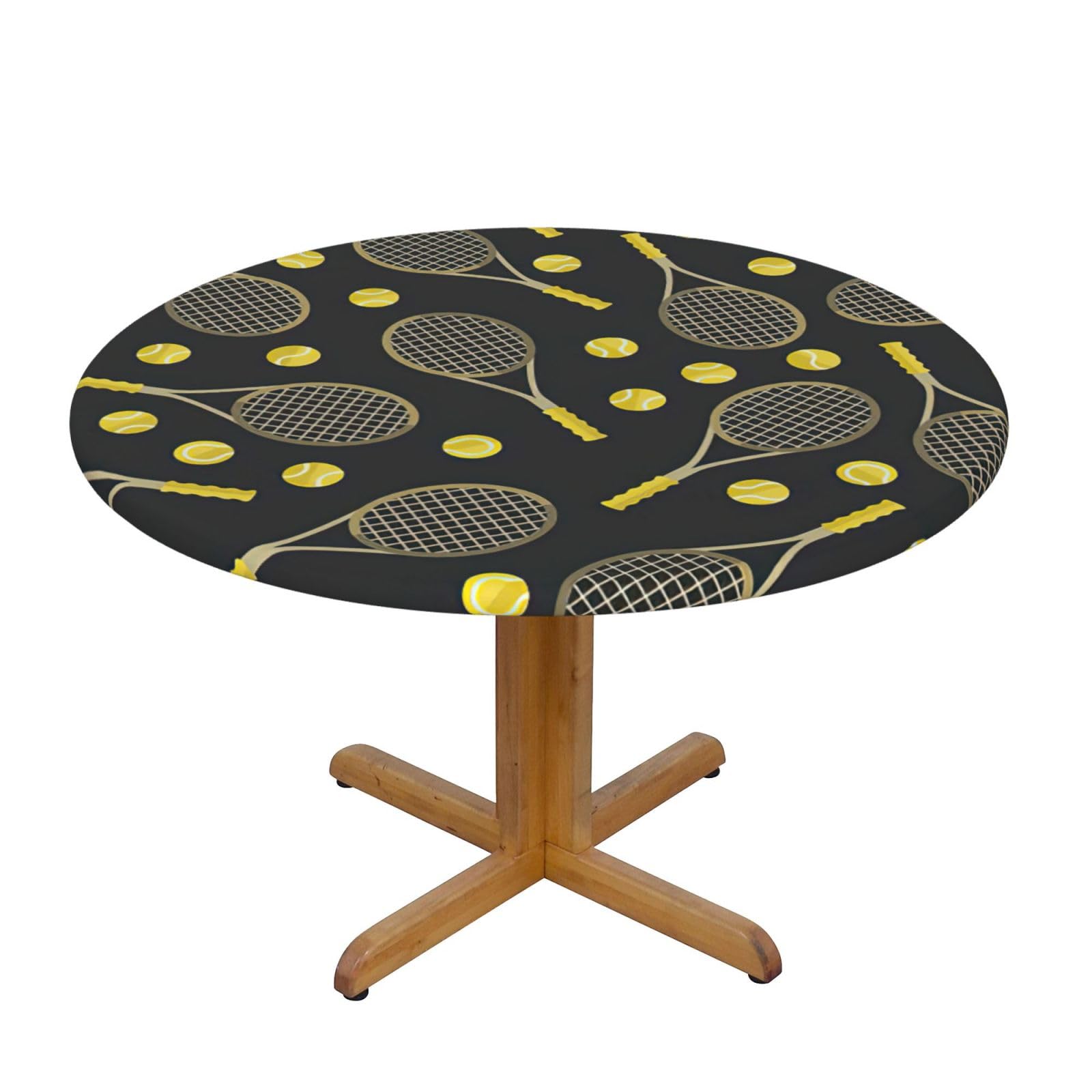 YQxwJL Funny Tennis Racquets And Tennis Balls Print Round Picnic Tablecloth, Elastic Fitted Table Covers For 90-140 Cm Tables Camping Indoor Outdoor