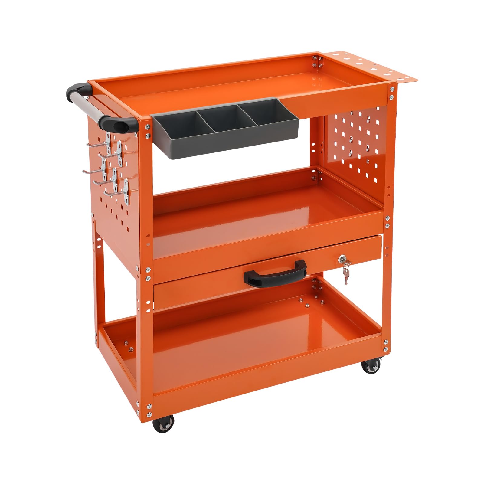 Carrello da officina a 3 ripiani con cassetto, portata 250 kg, carrello per attrezzi, per magazzino, garage, officina (arancione)