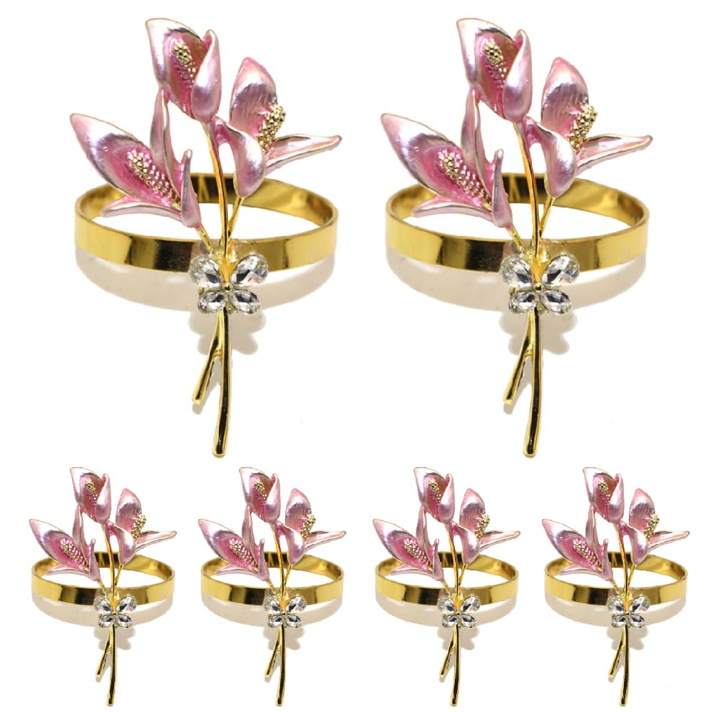 Gold Lily Napkin Rings Set of 6,Metal Napkin Ring Holders for Wedding Party Holiday Banquet Christmas Dinner Delicate Serviette Buckles Decor Favor (Lily-Pink)