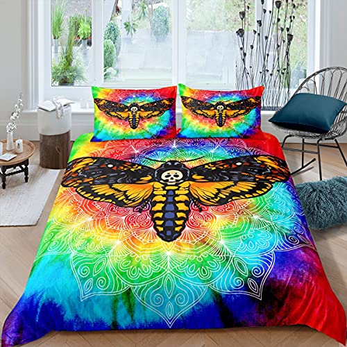 Erosebridal Gothic Skull Bedding Set Death Moth And Flowers Comforter Cover Skeleton Bones Duvet Cover Tie Dye Quilt Cover For Kids Girls Boys Women Bedroom Decor,Boho Mandala Bedspread Cover,Twin #TOP22