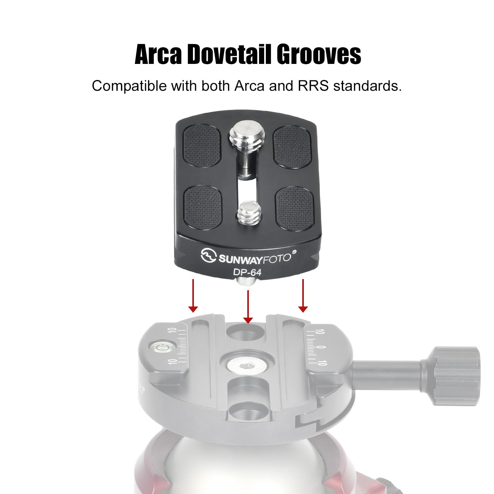 Placa suiza Arca de 64 mm para abrazadera QR redonda, tornillos de 1/4-20 y 3/8-16, DP-64