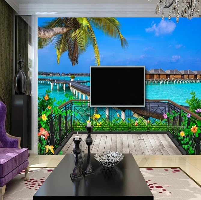 Papier peint Balcon Vue sur la mer 3D murale pour TV