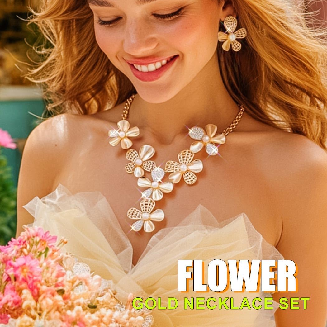 Yonamix Gold Flower Jewelry Set African Statement Necklace Earrings Sets for Women - Image 3