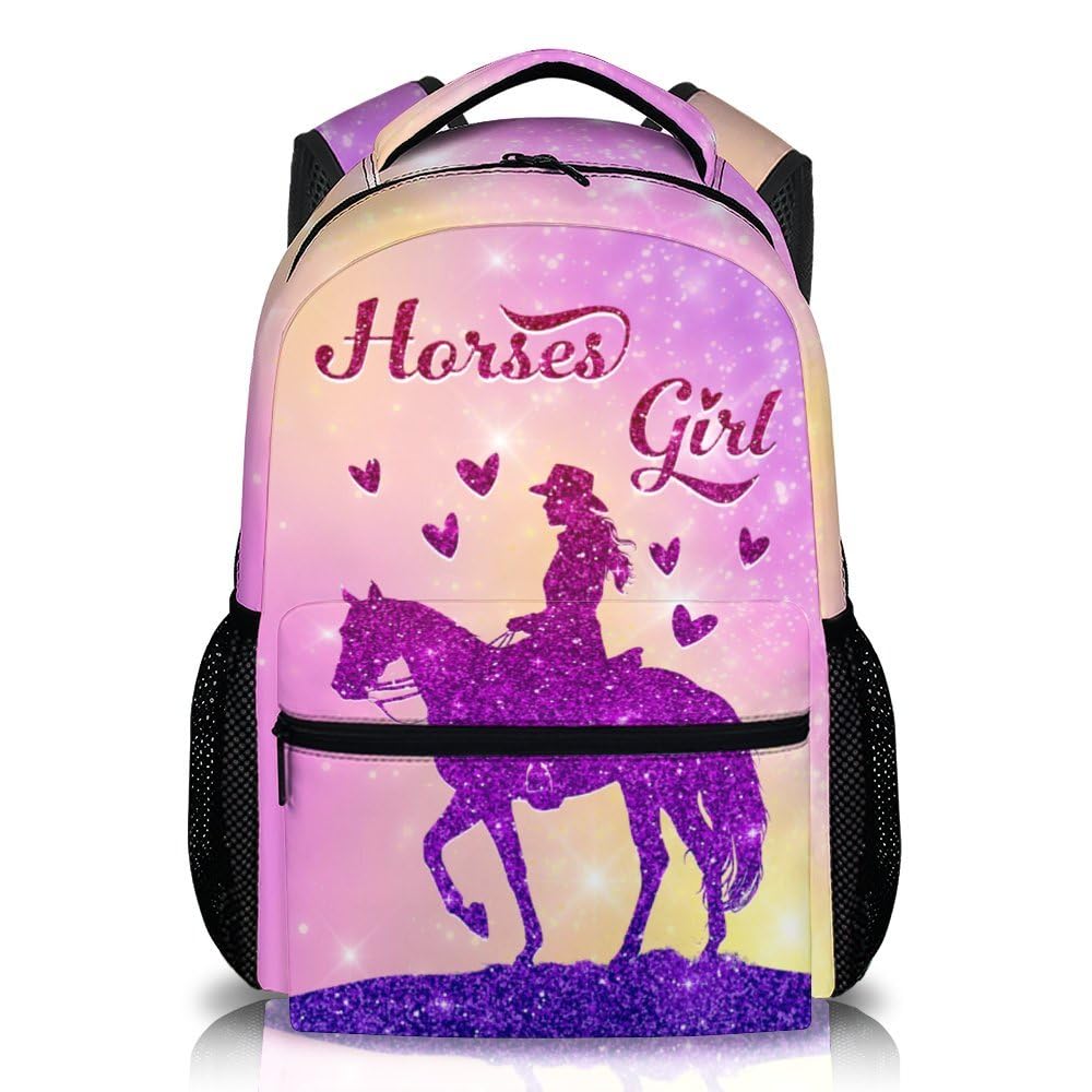 FLEXIMX Girls School Backpacks for Kids, Cute Horse Backpack, 17 Inch Pink Elementary Backpacks, Large Capacity Lightweight Bookbag for Preschool