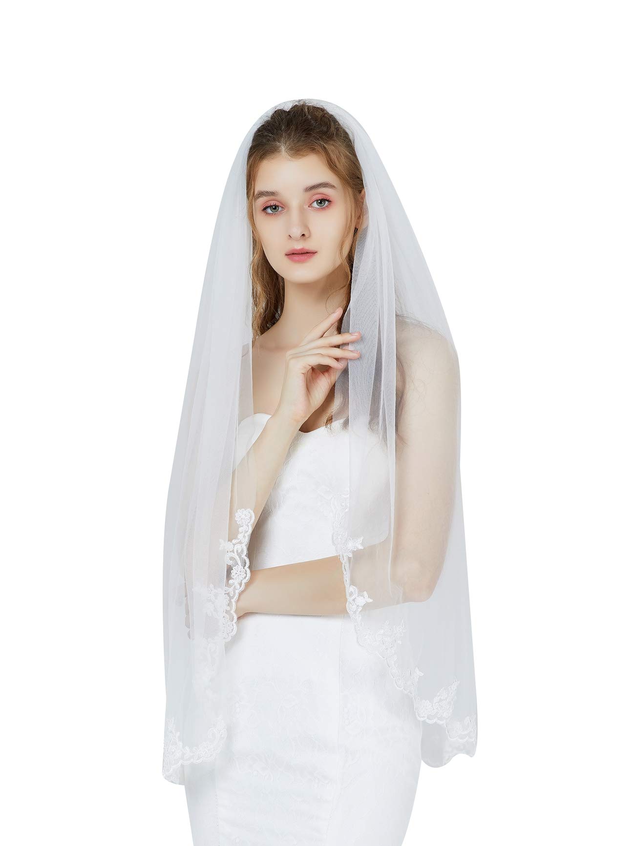 BEAUTELICATE Velo de Novia Boda Blanco Marfil Sencillo Encaje Bordado Borde 1 Capa Suave Tul Con Peine