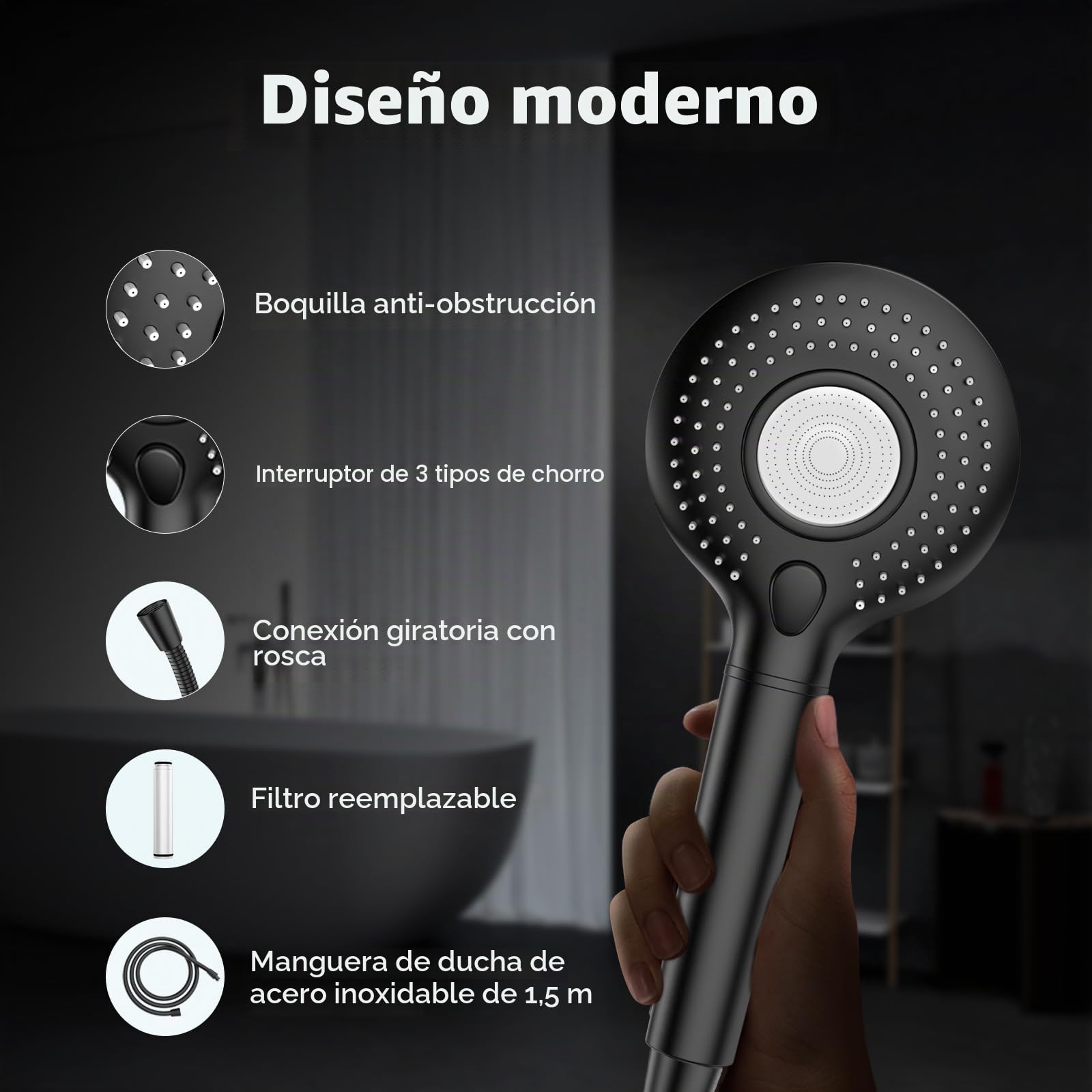 MEKO Alcachofa de ducha con filtro, manguera de 1,5 m, alta presión, color | Cabezal de ducha de ahorro con 3 chorros, reduce el cloro residual, bacterias y metales pesados en agua dura