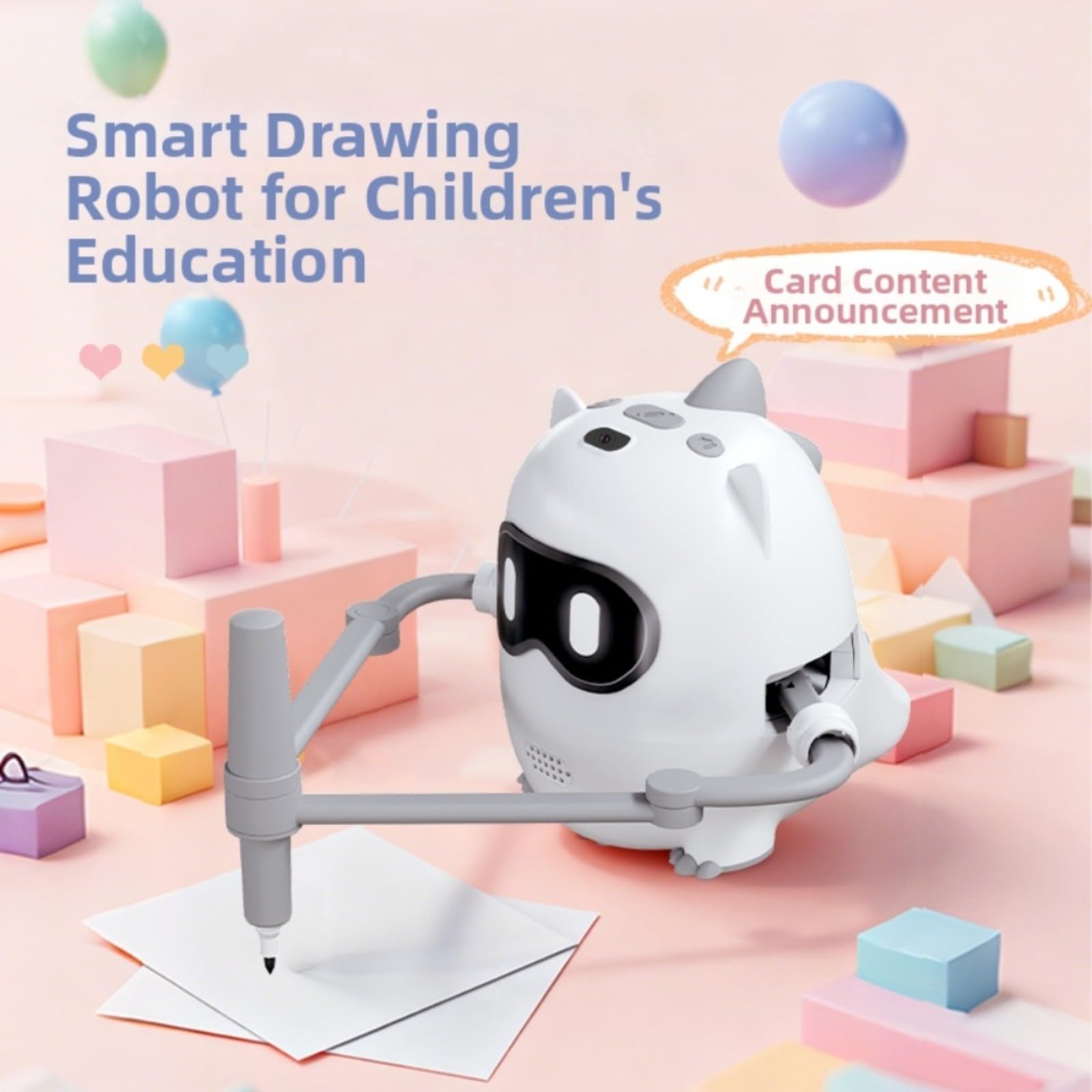 Robot da disegno intelligente con riconoscimento della fotocamera, macchina educativa interattiva per bambini, include 100 carte e 22 penne, materiale ABS per apprendimento domestico (bianco)