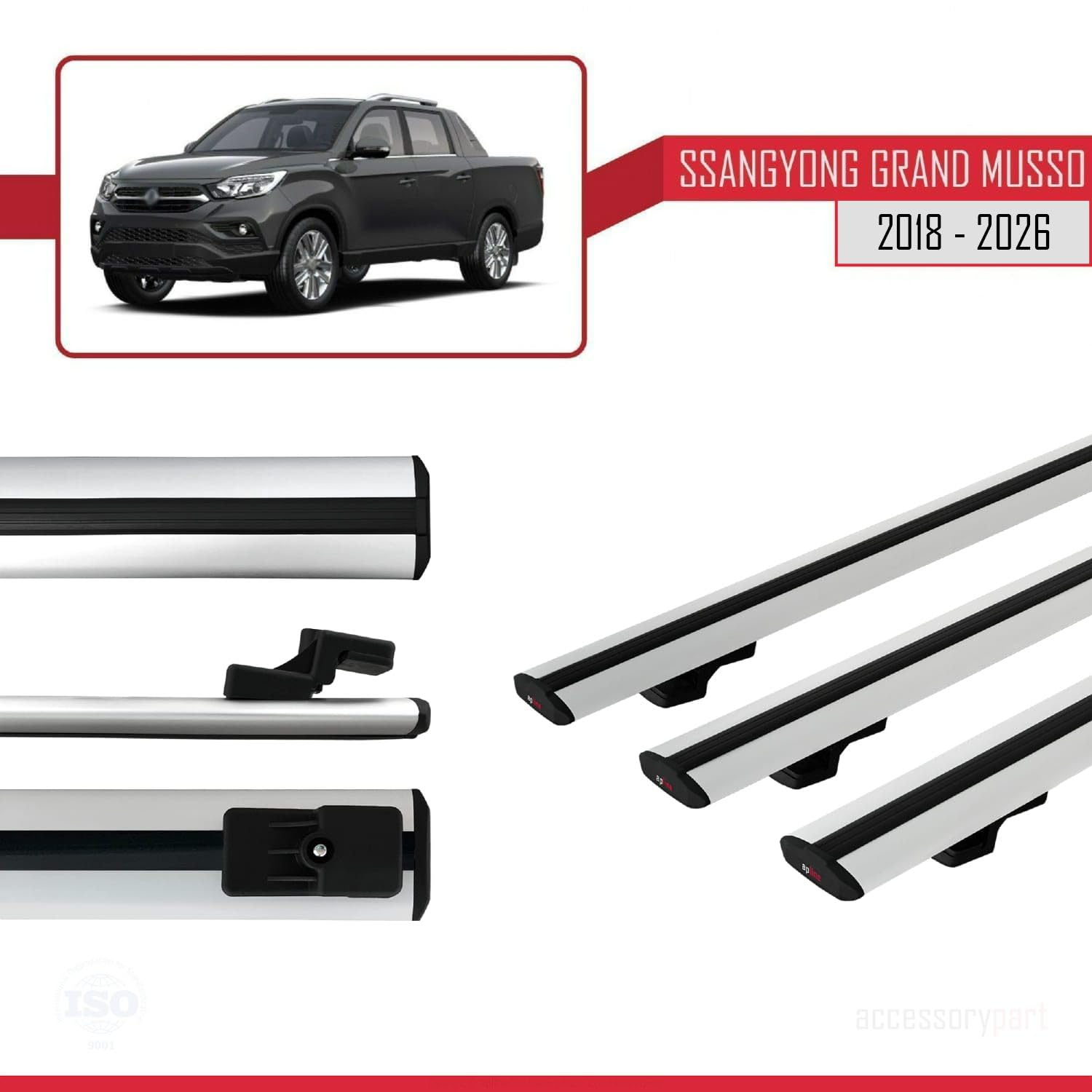 Kompatybilny z Compatible with Ssangyong Grand Musso 2018-2026 BASIC Model Aluminiowy bagażnik dachowy 3 poprzeczki, szary