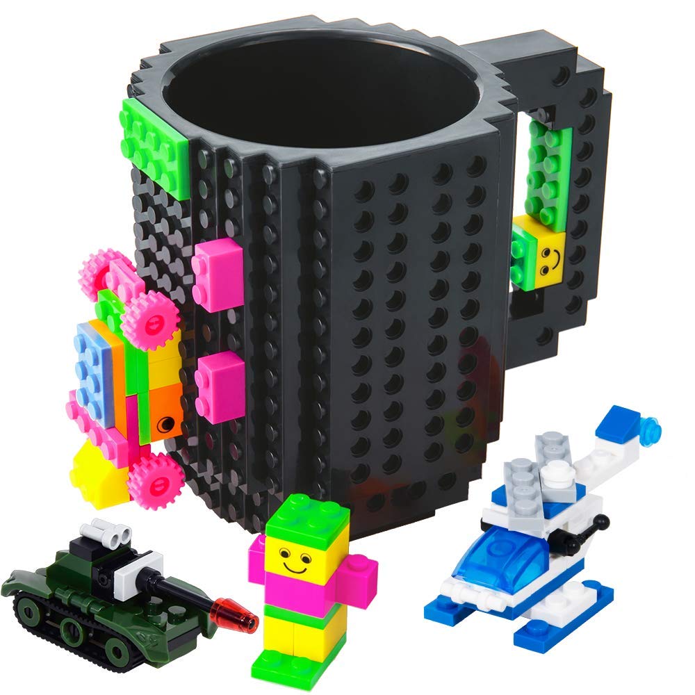BOMENNE Build-on Brick Mug,Novelty Creative DIY building Blocks Puzzle Cups with 3 packs of Blocks,Unique Kids Party Fun Cup Compatible with Lego,Father's day Present Christmas Gifts,Black