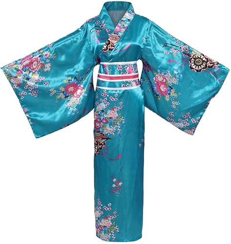 Disfraz de kimono japonés para mujer, bata tradicional de geisha, bata de baño con estampado de anime, pijama de estilo largo (azul)