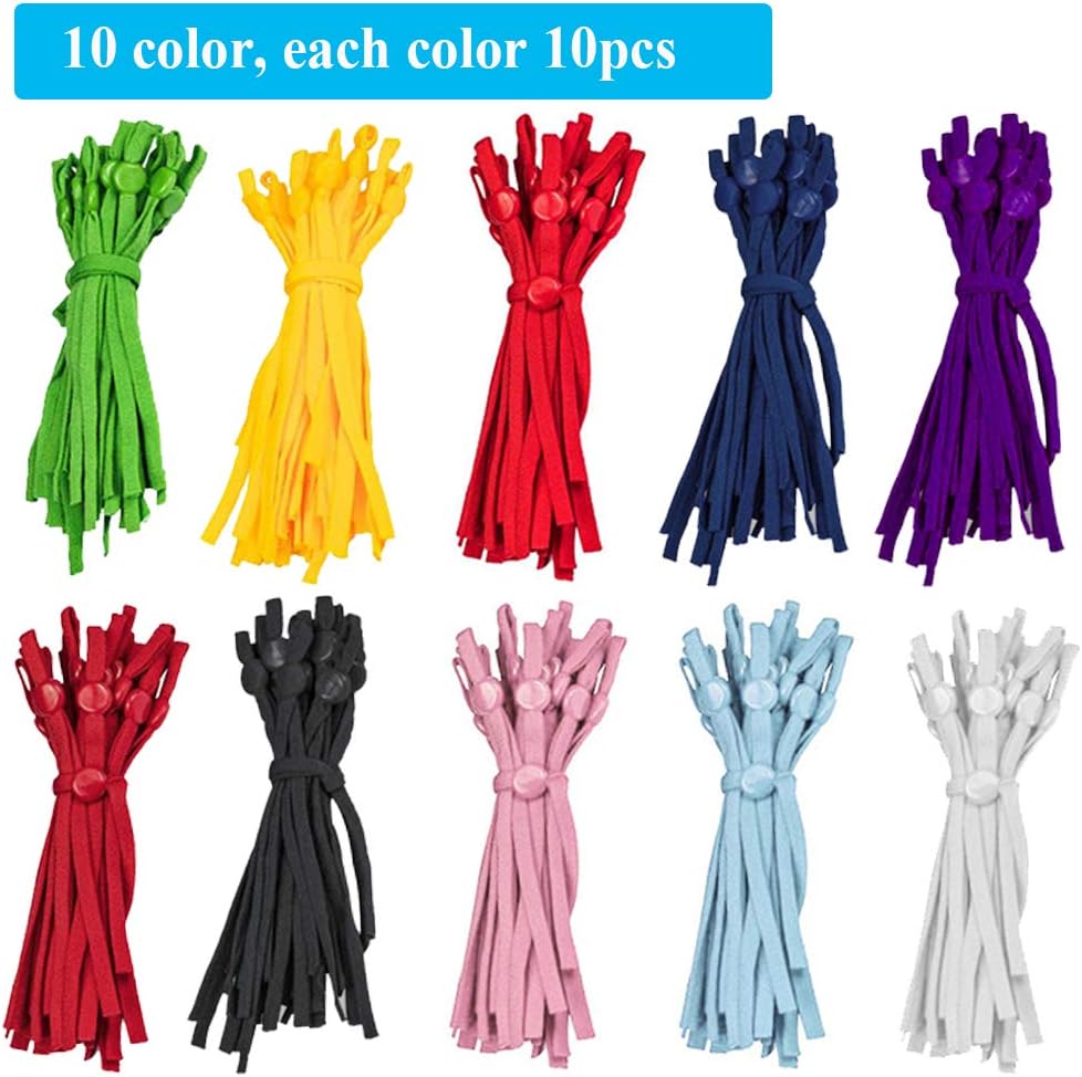 Kalolary 100pcs High Stretch Elastic Bands with Adjustable Buckle, 10 Colors Elastic Cord Bands Stretchy Ear Band Straps Sewing, for Adult Children Face Cover Making DIY Crafts Supplies