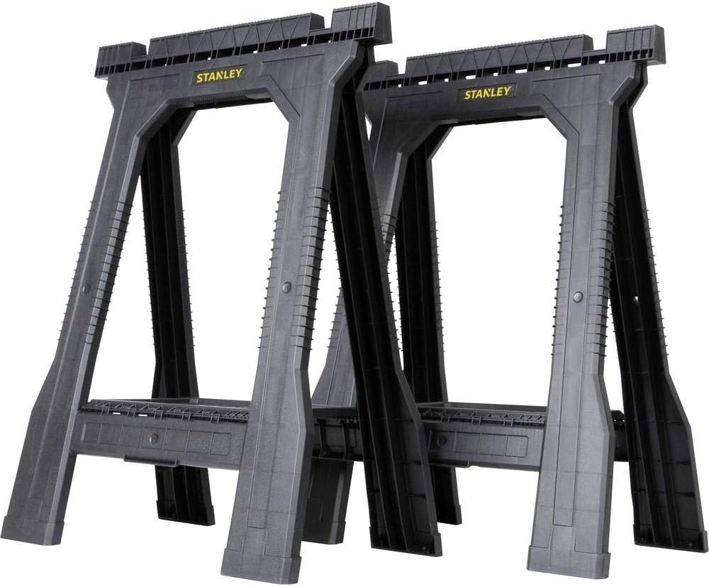 Folding Junior Work Bench Saw Horse Twin Pack, with Tray for Tools and Small Parts, STST1-70355, Black