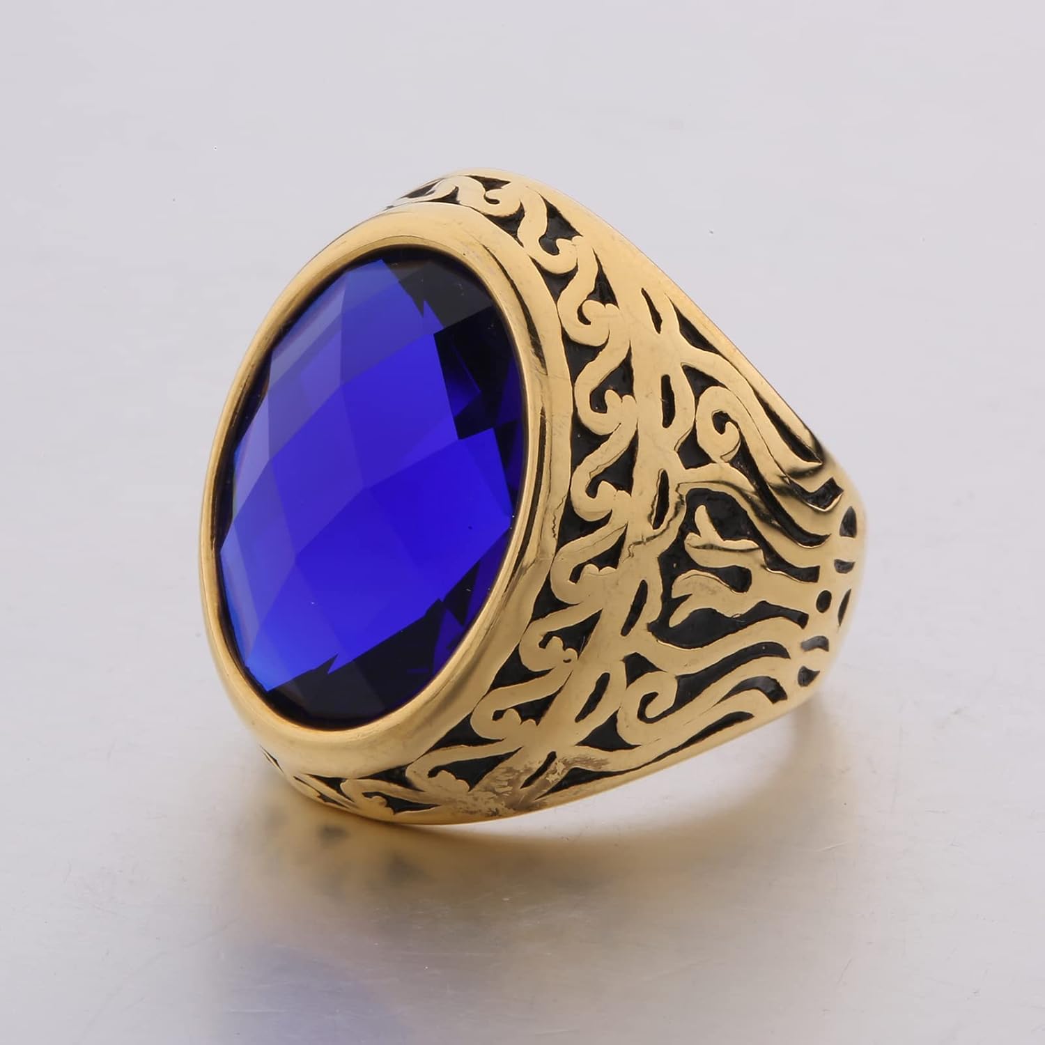 MASOP Jewellery Vintage Mens Stainless Steel CZ Ring Gold Biker Celtic Band Blue Round Stone - Image 4