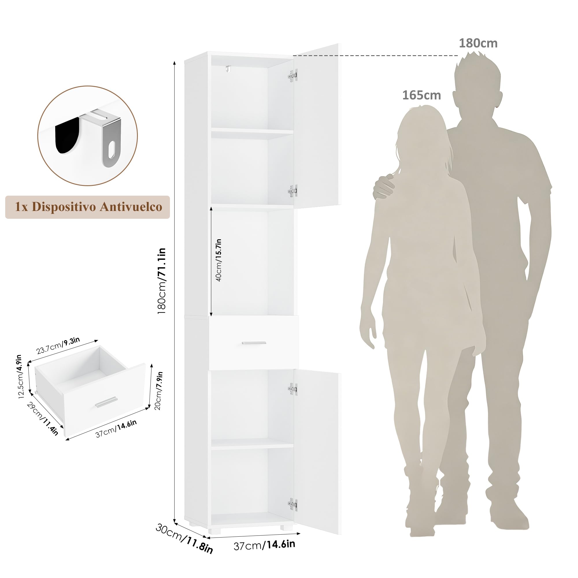 FOREHILL 180cm Mueble Columna Baño, Armario Baño Alto, Mueble Auxiliar Armario Estrecho y Alto, Madera, con 2 Puertas, 1 Cajón, Moderno, Blanco 37x30x180 cm
