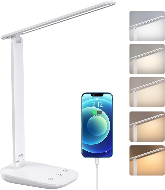 Lámpara de escritorio LED plegable, 5 colores y atenuación continua, puerto USB de carga, control táctil, cuidado ocular, para estudio y lectura