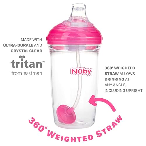 Miniatura 3 de Nuby Tritan - Vaso entrenador antiderrames con boquilla de silicona y popote con peso 360 con cubierta higiénica, 0.3 fl oz