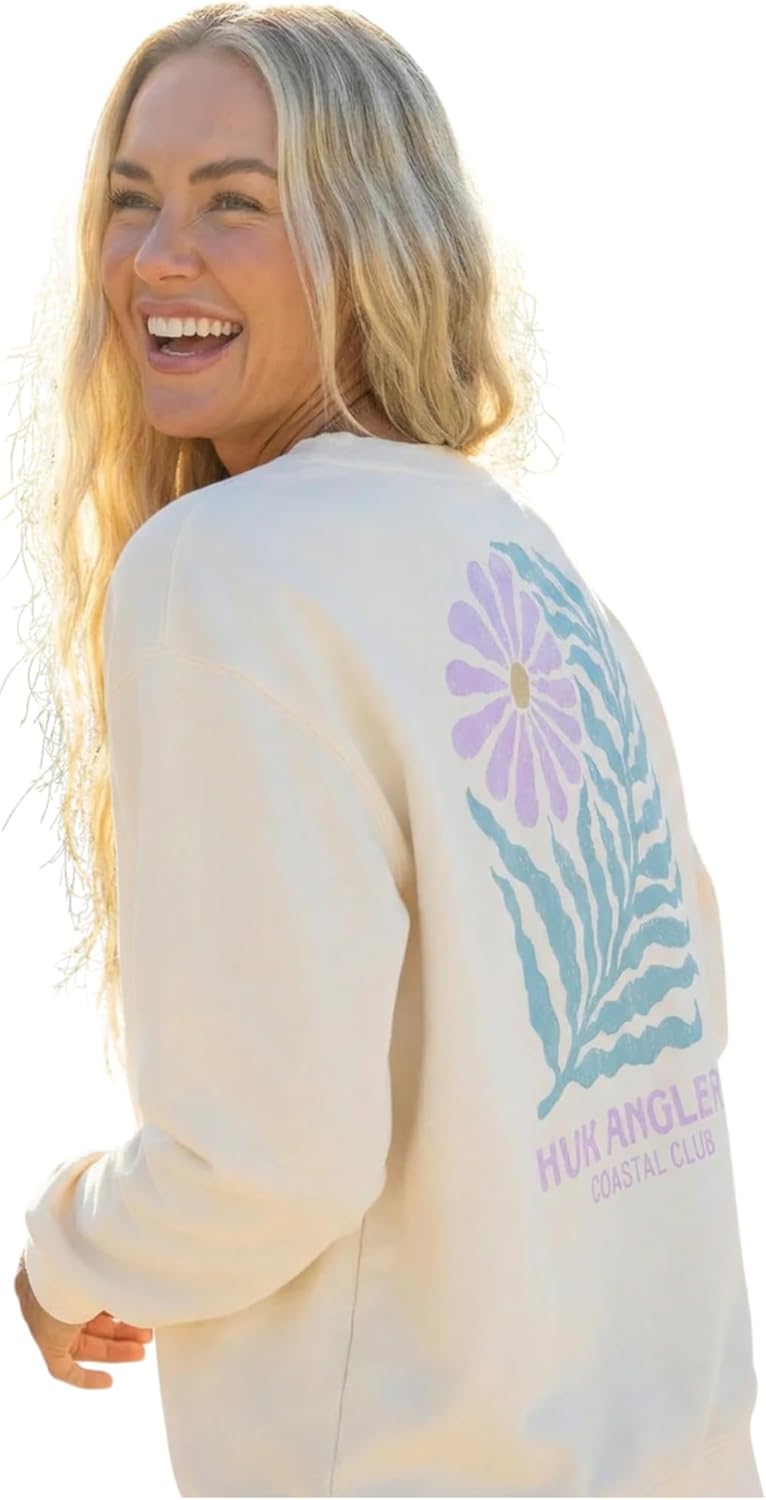 HUK Women's Edisto Terry Crew, Lightweight Terry Cloth Sweatshirt, Soft Casual Coastal Pullover for Women
