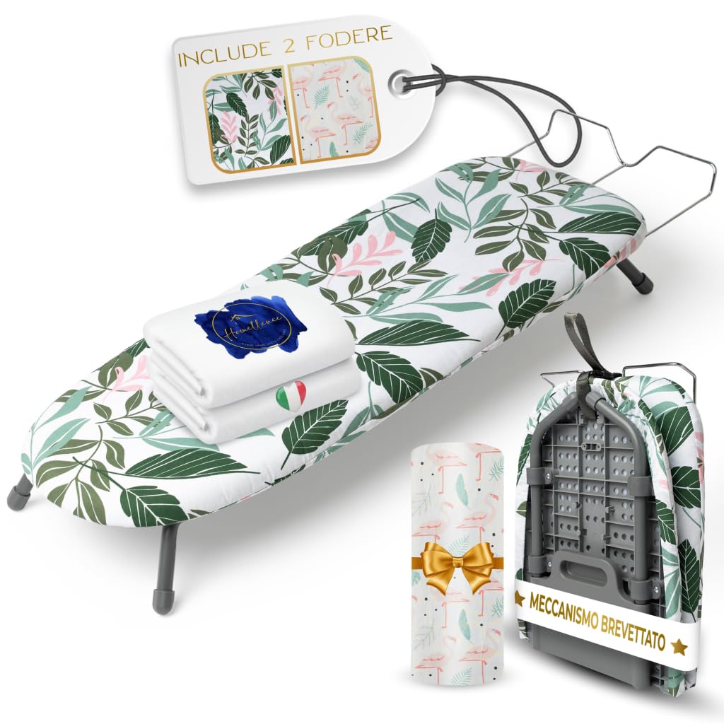 Homellence Asse Stiro Salvaspazio da Viaggio - Mini Asse Stiro da Tavolo Pieghevole Piccolo con Meccanismo Brevettato - Foldable Ironing Board - 2 Coperture Premium - Piccolo e Compatto (Verde)