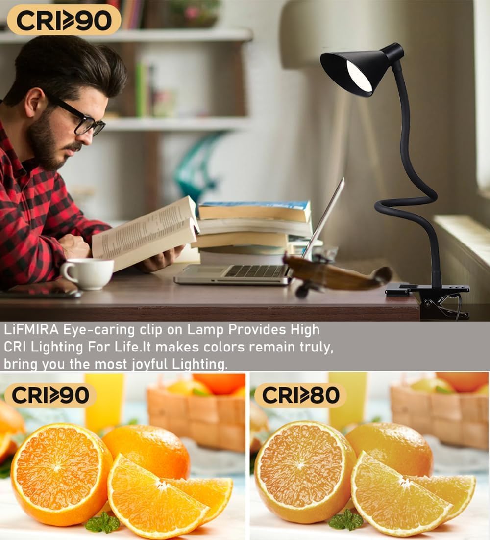 Clip on Light LED Reading Light for Books in Bed, Eye Care Dimmable Reading Lamp 3 Color & 10 Brightness Levels Flexible Clip on Lamp Reading Light for Bed Headboard Bedside Dorm Desk Table - Black
