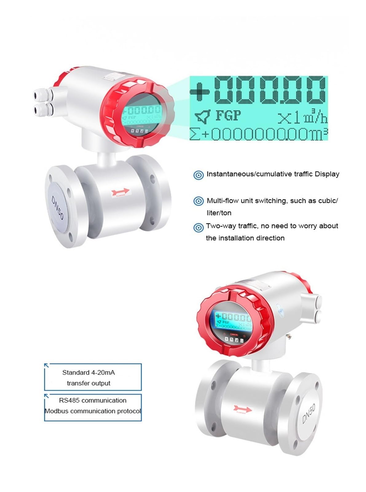 Caudalímetro electromagnético inteligente con pantalla digital, sensor de caudal for tuberías de agua líquida y aguas residuales DN10-100 Medición y respuesta rápidas(DN100)