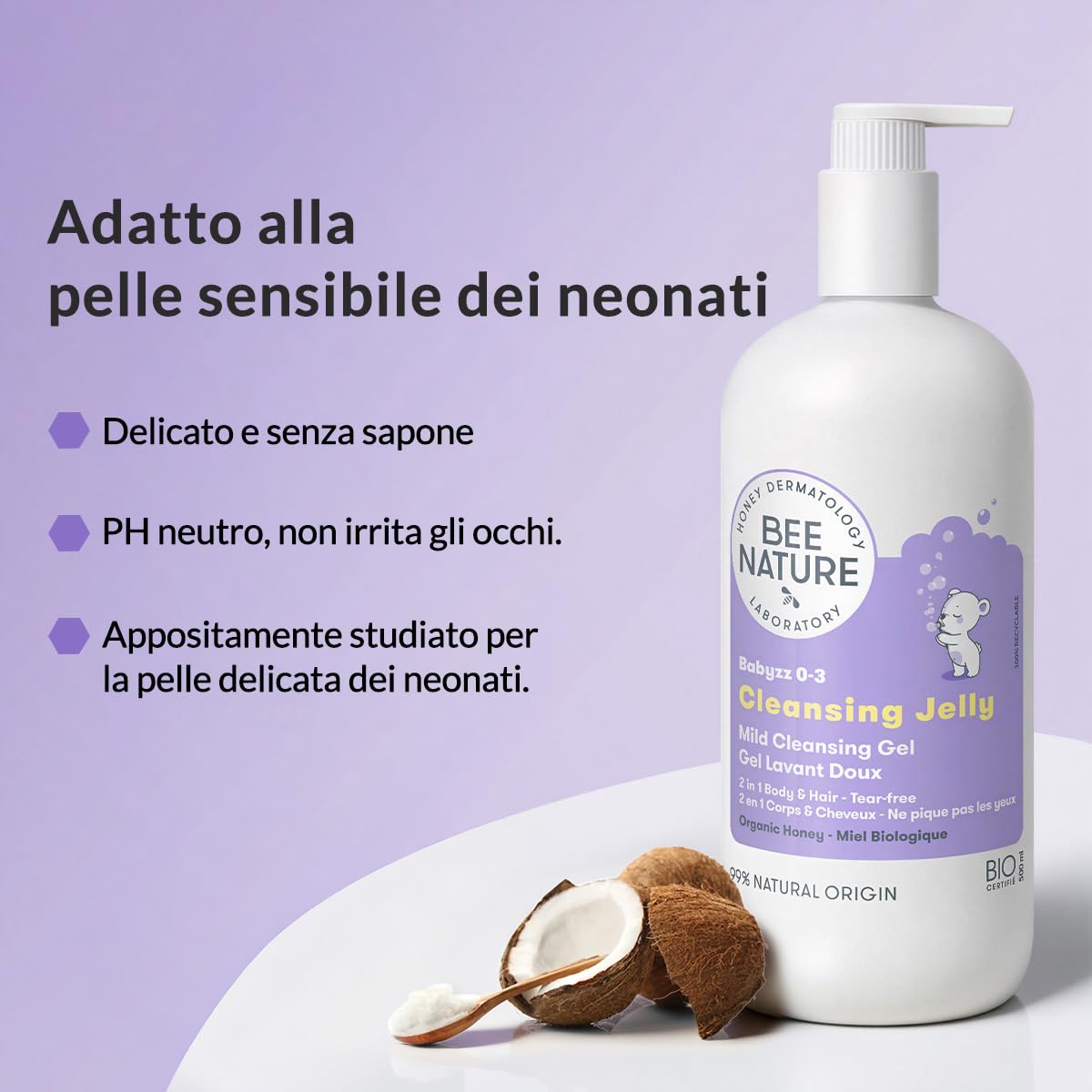 Bee Nature - 2 in 1 Detergente per Neonati - Allevia l'eczema - Organic Honey - Deterge e Idrata - Senza Lacrime - Adatto ai Neonati con Pelle Secca e Sensibile - 500ml