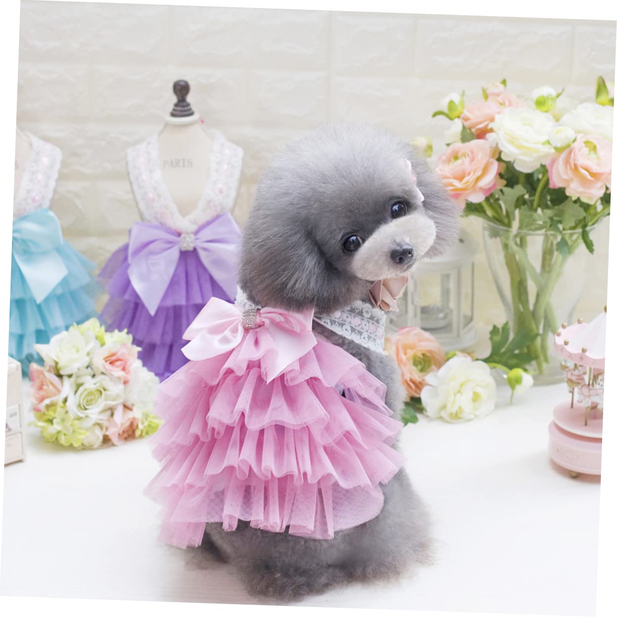 Welpenkleid Mit Spitze Und Schleife – Mehrschichtiges Tutu-Kleid Für Kleine Hunde (Rosa, Größe XS)