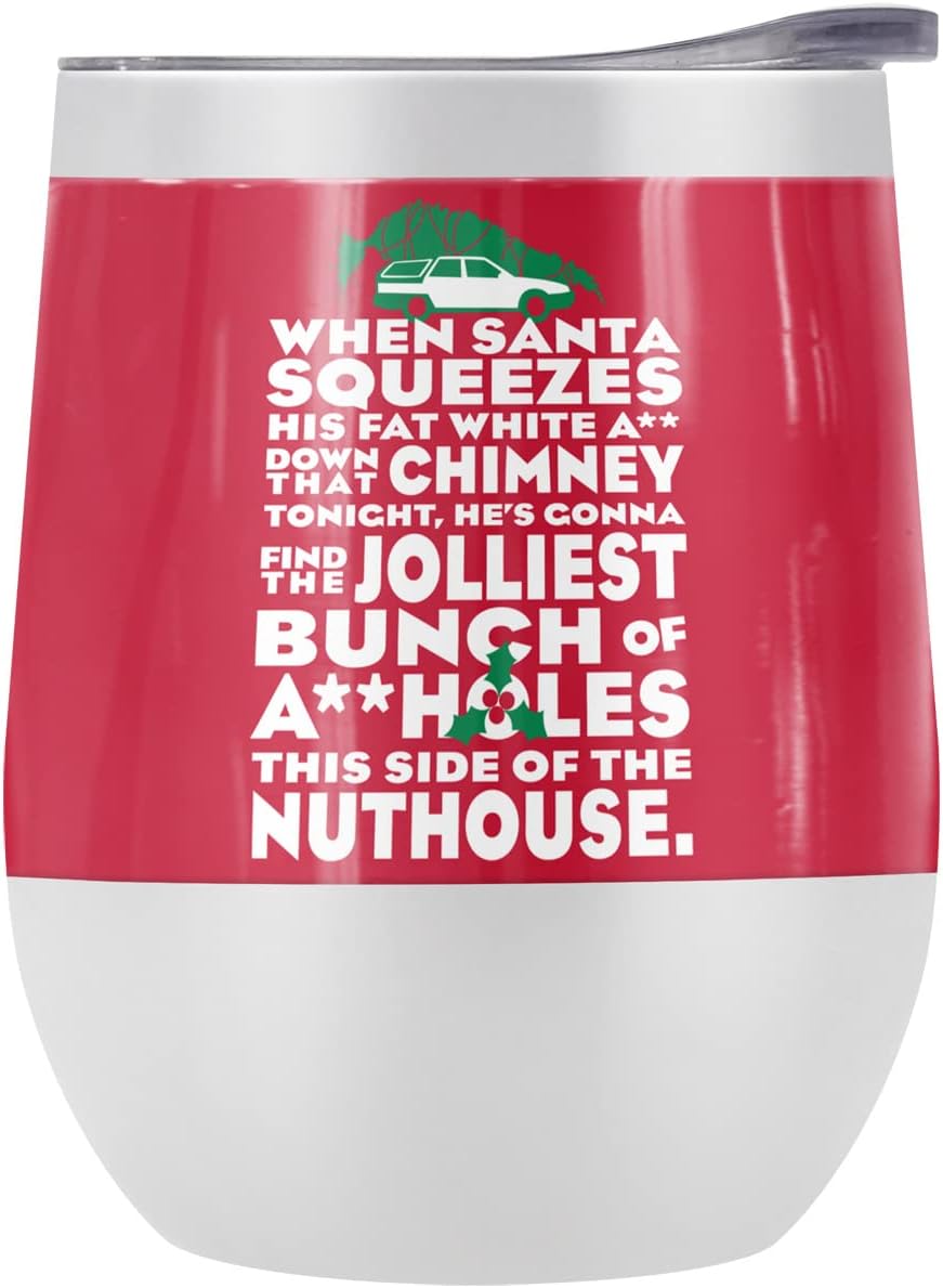 Christmas Vacation OFFICIAL Jolliest Bunch 12 OZ Stemless Wine Tumbler, Stainless Steel Travel Cup|Lake Tumbler|Insulated with Leak Resistant Slide-Lock Lid, Stainless Steel