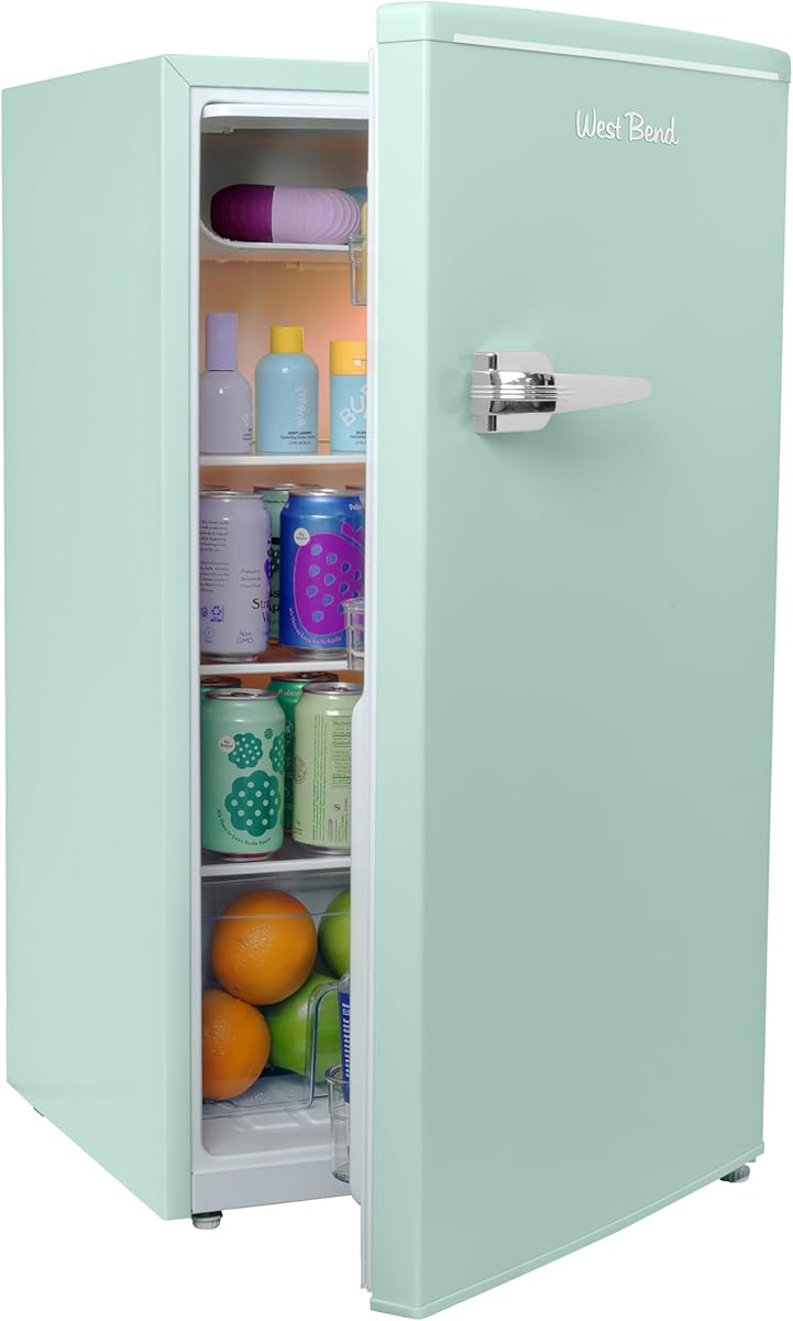 West Bend Mini Fridge for Bedroom, Office, Bar or College Dorm Room, Retro Compact Refrigerator features single door, glass shelves and adjustable temperature control, 3.0-Cu.Ft., Seafoam Green