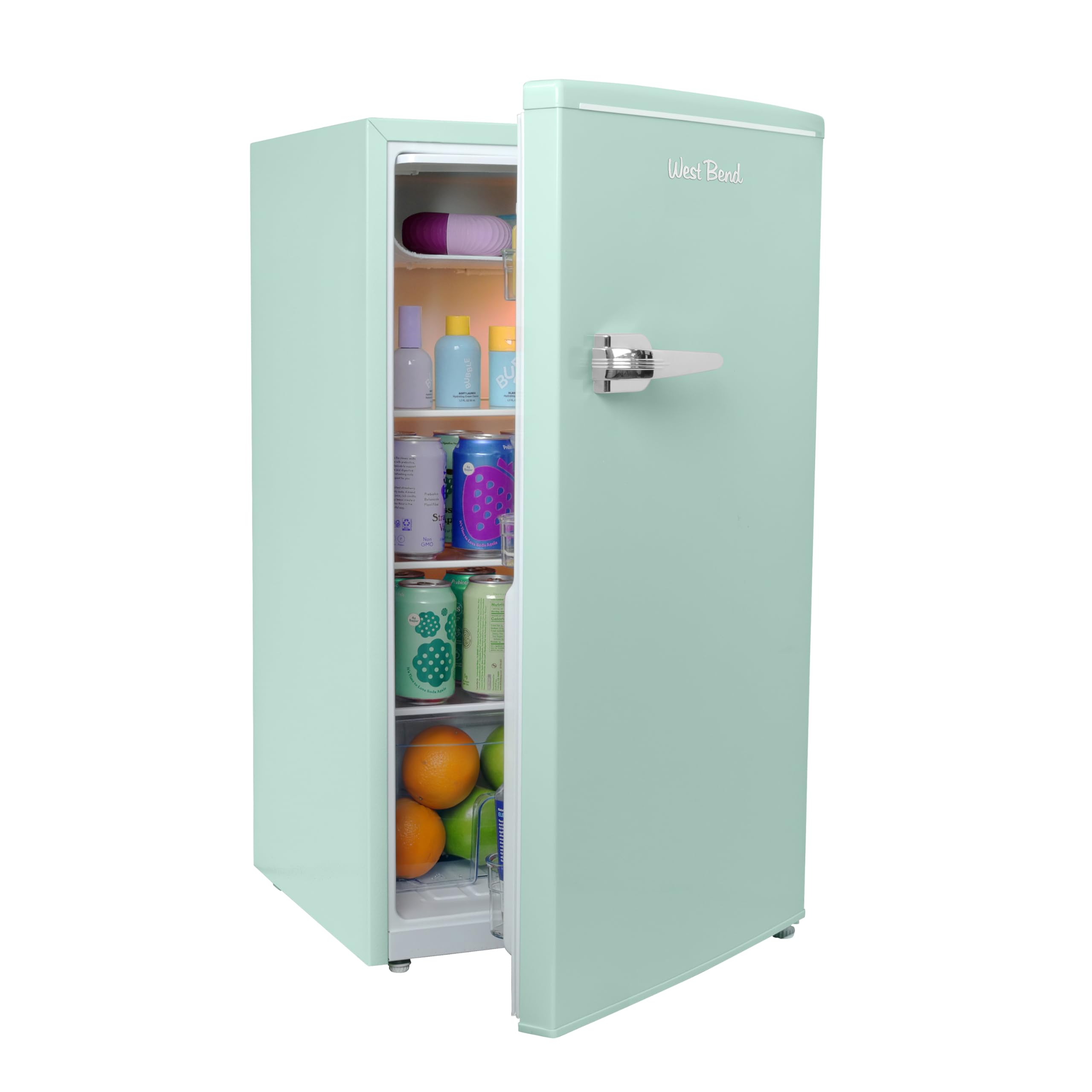 West Bend Mini Fridge for Bedroom, Office, Bar or College Dorm Room, Retro Compact Refrigerator features single door, glass shelves and adjustable temperature control, 3.0-Cu.Ft., Seafoam Green