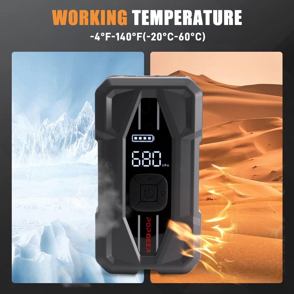 Image illustrating the wide working temperature range of the POPDEER PD-JA5, showing the device functioning in both cold, snowy conditions and hot, desert environments.