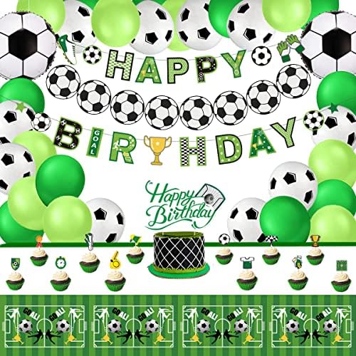 Soccer Birthday Party Decorations Set Football Party Supplies for Boys Kids Sports Theme Banner Soccer Balloons Tablecloth Cupcake Toppers Table Decor