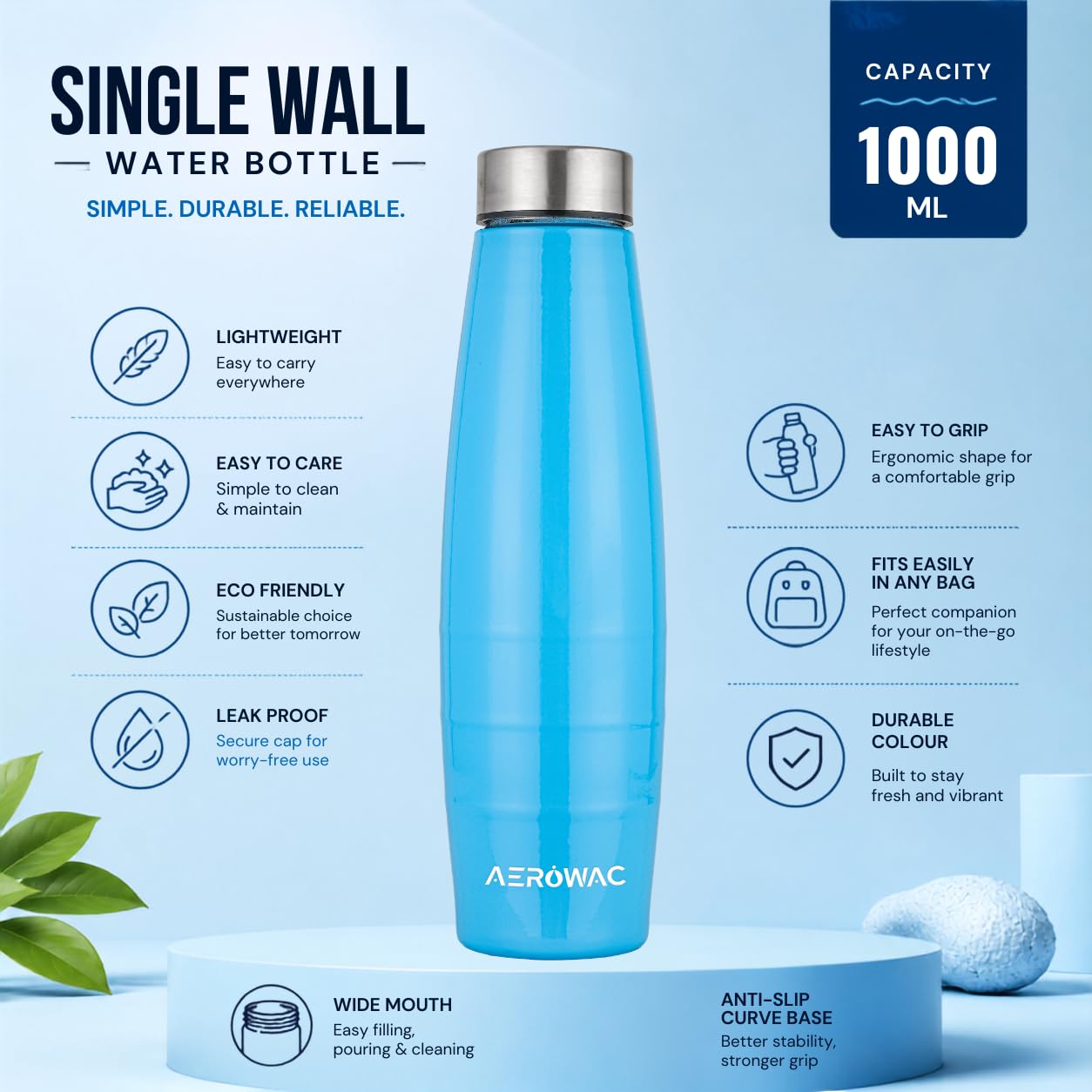 AEROWAC Stainless Steel Water Bottle - 1000ml -2
