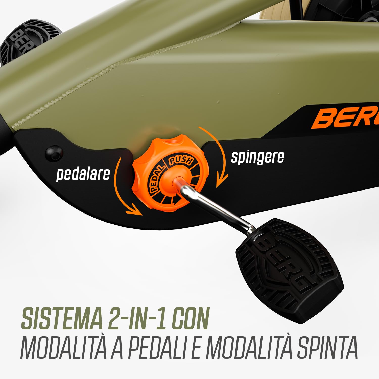 BERG Pedal-Gokart Buzzy 2 in 1 incl. asta di spinta Gokart con ruota libera, veicolo a pedale, veicolo per bambini con freno a mano, veicolo a pedale con elevato standard di sicurezza, gokart dai 2